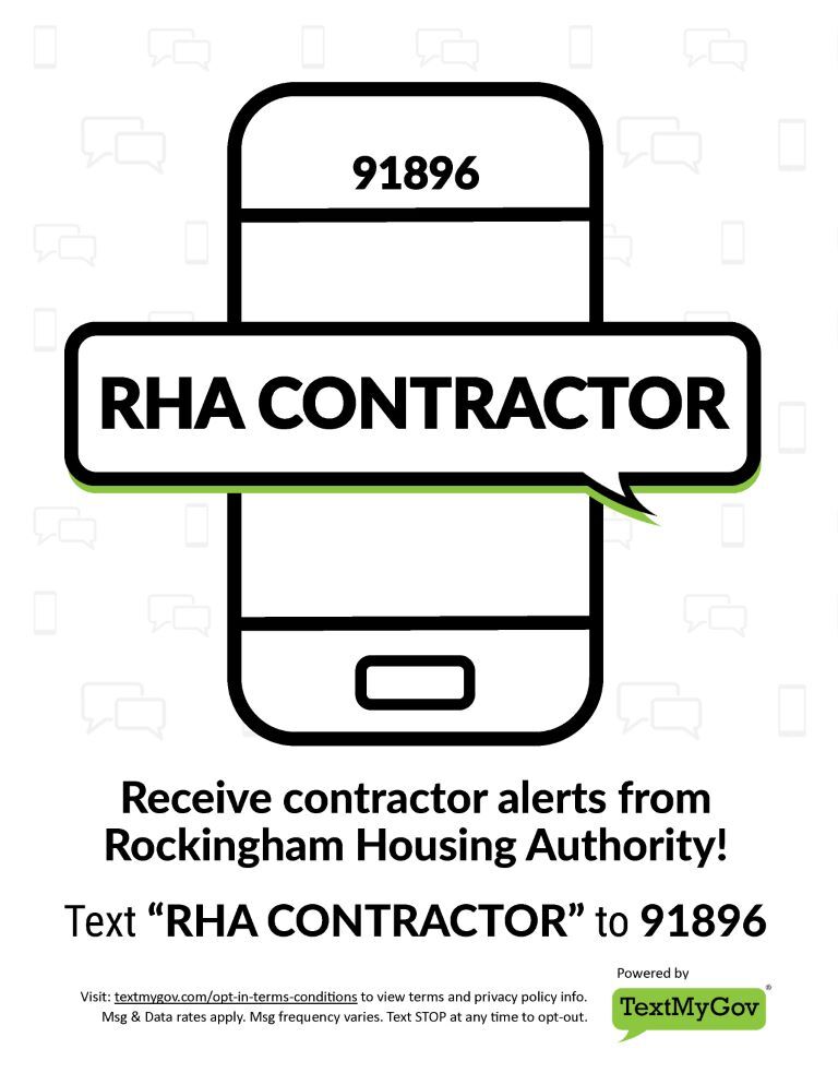 Sign up for RHA Contractor TextMyGov alerts flyer. All information provided above.