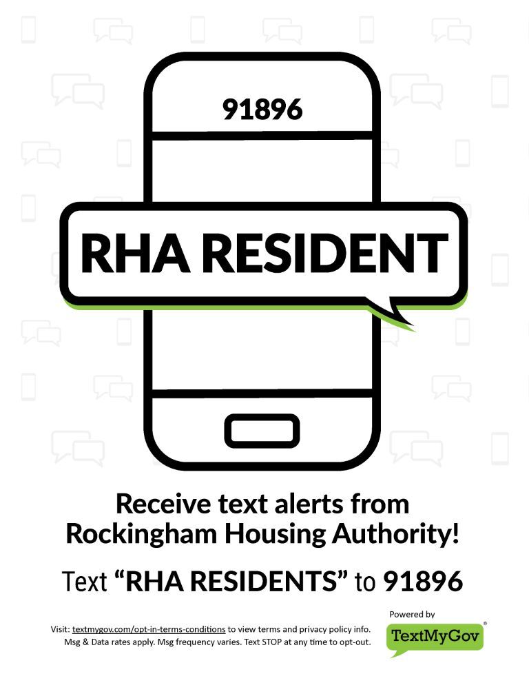 Sign up for RHA Resident TextMyGov alerts flyer. All information provided above.